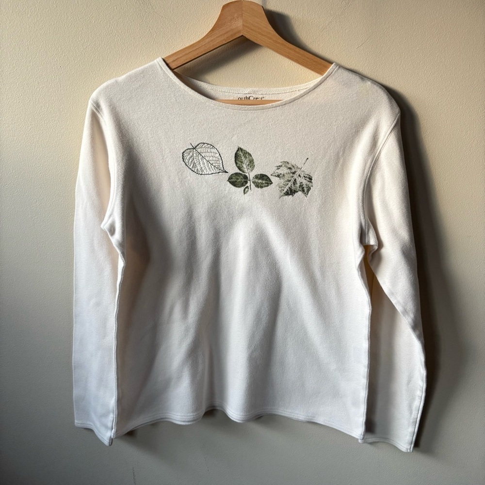 NorthCrest White Long Sleeve Top with Leaf Design
